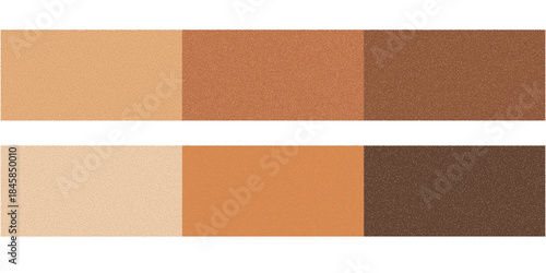 Two rows of rectangular swatches displaying a gradient of six different skin tone shades, ranging from light beige to dark brown, suitable for makeup and cosmetic products.