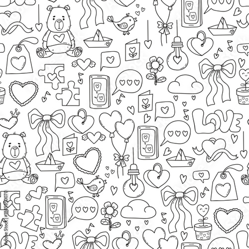 Seamless Outline Black Valentines Day Doodle Pattern. Love Symbols, Teddy Bear, Phone, Speech Bubble and Romantic Elements Repeating Backdrop Template. Vector Illustration. Not AI