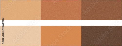 Collection of six skin tone color swatches, showing a progression from light beige to deep brown in two horizontal sets, ideal for makeup or cosmetic product matching.