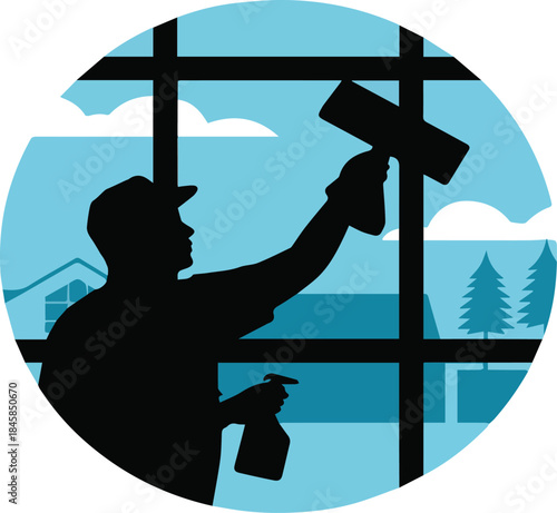 Silhouette of person cleaning window with squeegee and spray bottle window cleaning