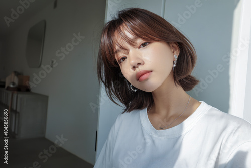 Young asian woman wearing short hair looking serene