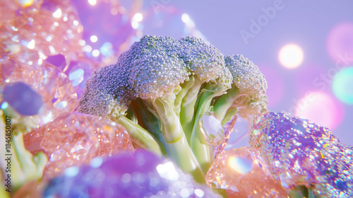 Wallpaper Mural Surreal glowing display of broccoli and Brussels sprouts, ethereal gradients and mystical atmosphere, palette of spectral violet, radiant cyan, and shimmering pearl, dreamcore food design, AI Torontodigital.ca
