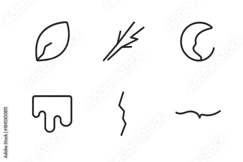 Fragile Form Icons. Line style icons of Fragile Forms: broken petal, splintered line, hollow curve, melting edge, thin crack,