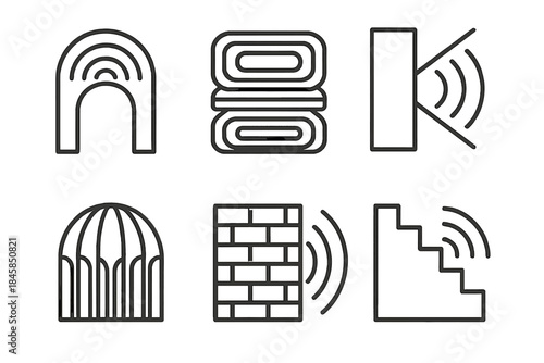 Vibrational Architecture Icons. Line style icons of Vibrational Architecture: humming archway, layered resonance, echo beam,