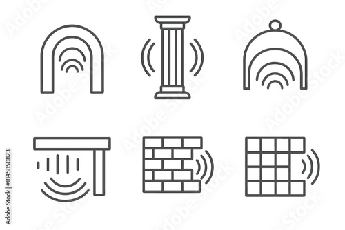 Sound Architecture Icons. Line style icons of Sound Architecture: resonant arch, vibrating column, echoing dome, rhythmic beam,