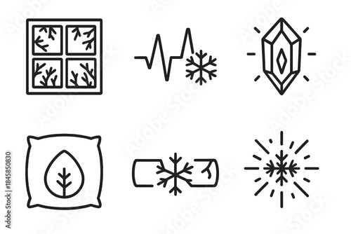Glacial Memory Icons. Line style icons of Glacial Memory: iced window, frozen pulse, glowing crystal, silent shape, fragile beam,