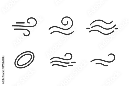 Air Movement Icons. Line style icons of Moving Air: bending gust, soft curl, luminous wave, floating ring, curved streak, airy