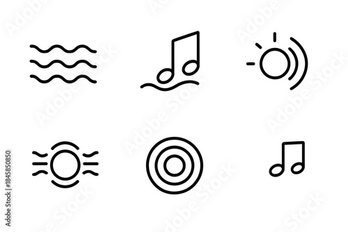 Soft Sound Icons. Line style icons of Soft Sounds: gentle wave, drifting note, glowing echo, calm vibration, smooth ripple, quiet