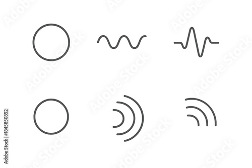 Muffled Echo Icons. Line style icons of Muffled Echoes: faded sound ring, glowing wave, dim pulse, transparent tone, curved ripple
