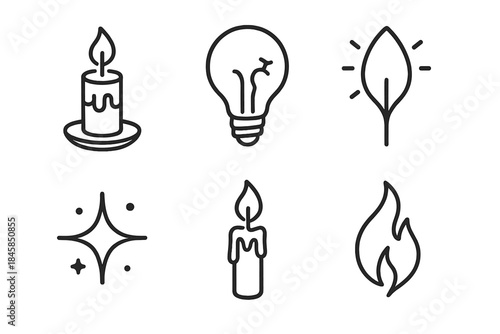 Fragile Glow Icons. Line style icons of Fragile Glow: flickering candle, cracked bulb, glowing petal, soft spark, melting light,