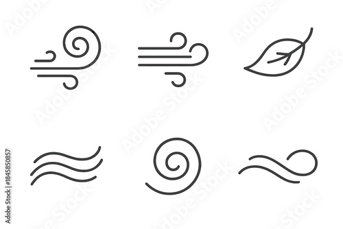 Wind Motion Icons. Line style icons of Wind in Motion: swirling gust, curved line, drifting leaf, flowing ribbon, soft spiral,