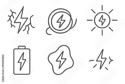 Electric Skin Icons. Line style icons of Electric Skin: glowing vein, pulsing wire, radiant surface, charged cell, luminous thread
