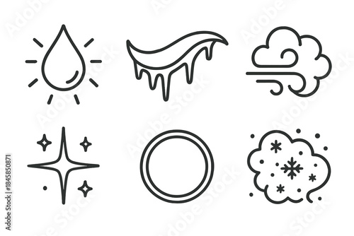 Frosty Breath Icons. Line style icons of Breath in Frost: glowing drop, frozen curve, gentle puff, icy shimmer, pale halo,