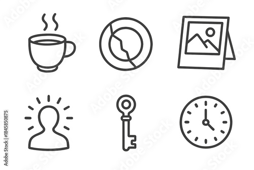 Nostalgic Icons Collection. Line style icons of Nostalgic Corners: steaming cup, cracked plate, folded photo, glowing shadow, old