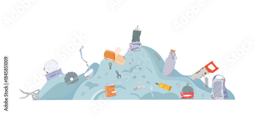 Illustration of metal waste. Metal waste is scattered in mountains with various objects. Garbage dump