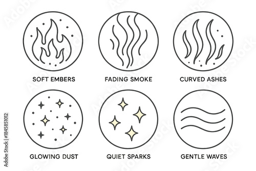 Velvet Ash Embers. Line style vector icons of Velvet Ashes: soft embers, fading smoke, curved ashes, glowing dust, quiet sparks,