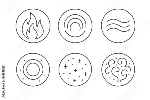 Soft Inferno Icons. Line style vector icons of Soft Inferno: warm flames, glowing arcs, delicate waves, circular glow, quiet