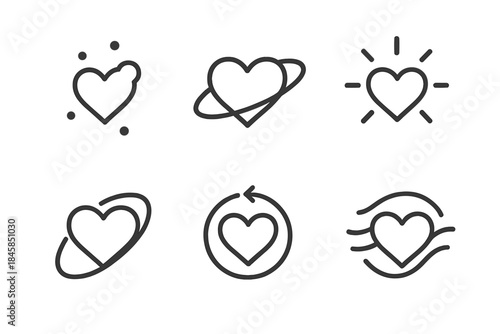 Hearts in Orbit. Line style vector icons of Hearts in Orbit: floating hearts, curved rings, glowing dots, circular motion, radiant