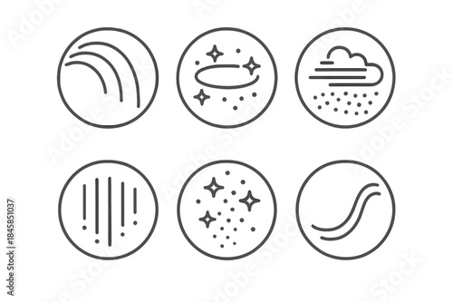 Nostalgic Water Icons. Line style vector icons of Nostalgic Water: rain arcs, glowing rings, mist dust, thin streams, fading