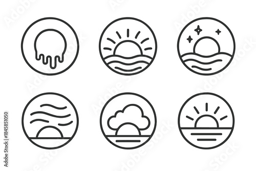 Sunken Glow Icons. Line style vector icons of Sunken Glow: melting orb, curved rays, soft shimmer, drifting air, hidden light,