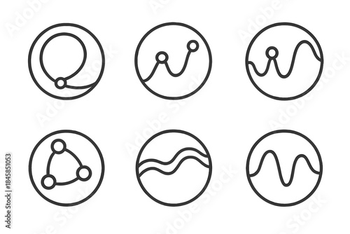 Harmonic Circuit Vectors. Line style vector icons of Harmonic Circuits: sound loops, glowing paths, rhythmic flow, balanced nodes,