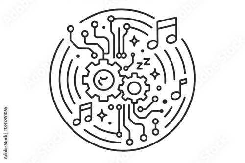 Lullabies for Machines. Line style vector icons of Lullabies for Machines: sleeping gears, glowing circuits, curved sound waves,