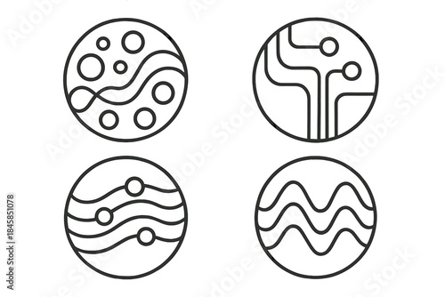 Algorithmic Spirits Vectors. Line style vector icons of Algorithmic Spirits: floating orbs, curved circuits, glowing nodes,