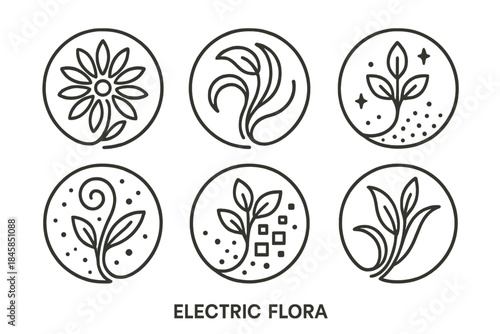 Electric Flora Icons. Line style vector icons of Electric Flora: radiant petals, curved motion, glowing stems, vapor dust, smooth