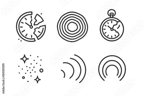 Temporal Fossil Icons. Line style vector icons of Temporal Fossils: clock fragments, layered rings, cracked timepieces, glowing