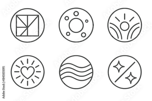 Geometric Harmony Icons. Line style vector icons of Rational Feelings: geometric balance, glowing circles, curved beams, pulsing