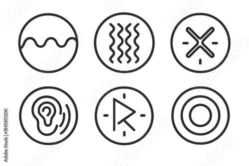 Primitive Signal Icons. Line style round vector icons of Primitive Signals: stone wave, carved pattern, tribal mark, glowing rune,