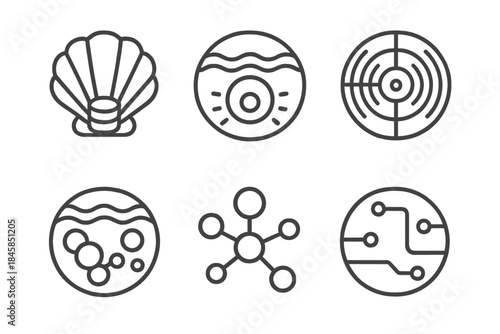 Digital Depths Icons. Line style round vector icons of Digital Depths: data shell, glowing abyss, echo grid, submerged pattern,