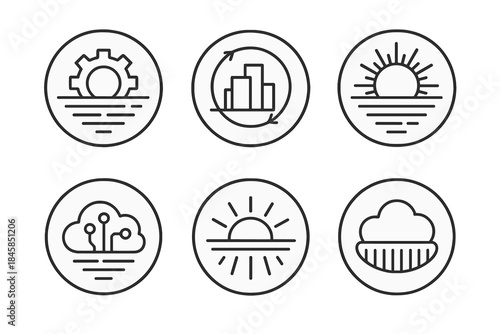Mechanical Horizon Icons. Line style round vector icons of Mechanical Horizon: gear sunrise, rotating skyline, metal sun, circuit