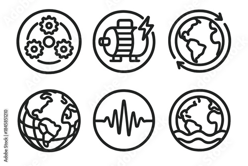 Engine Earth Icons. Line style round vector icons of Engine Earth: planetary gear, core motor, rotating globe, mechanical crust,