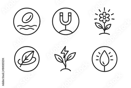 Magnetic Garden Icons. Line style round vector icons of Magnetic Garden: floating seed, metal stem, radiant flower, orbiting leaf,