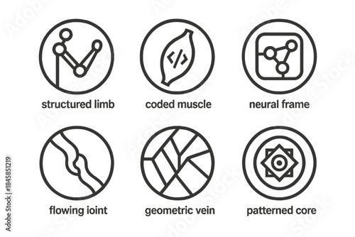 Algorithmic Body Icons. Line style round vector icons of Algorithmic Body: structured limb, coded muscle, neural frame, flowing