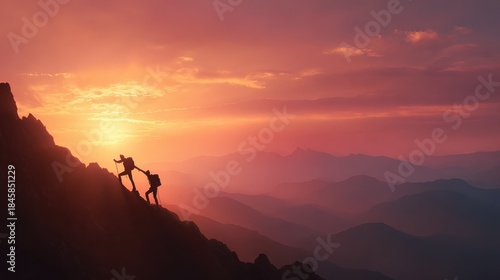 silhouette of two hikers helping each other on a mountain at sunset