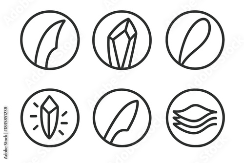 Sharp Velvet Icons. Line style round vector icons of Sharp Velvet: soft blade, curved crystal, silky edge, glowing shard, smooth