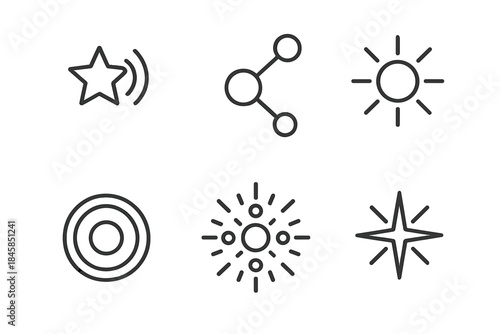 Stellar Energy Icons. Line style round vector icons of Stellar Energy: star signal, cosmic node, solar current, plasma ring,