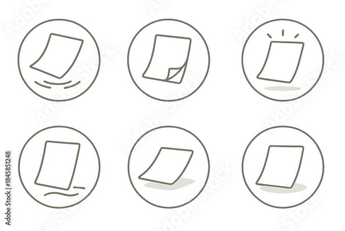 Paper Dreams Icons. Line style round vector icons of Paper Dreams: floating sheet, bending corner, glowing fold, drifting line,