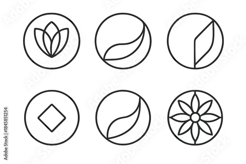 Smooth Geometry Icons. Line style round vector icons of Smooth Geometry: layered petal, metallic curve, glowing fold, balanced