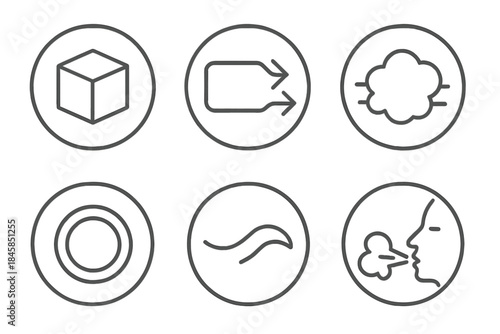 Dense Air Icons. Line style round vector icons of Dense Air: invisible block, silent motion, soft compression, heavy ring, muted
