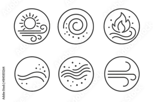Radiant Drift Icons. Line style round vector icons of Radiant Drift: luminous gust, solar swirl, fading ember, bright curve,