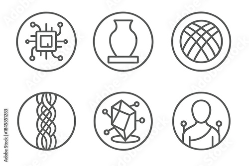 Neo Craft Icons. Line style round vector icons of Neo Craft: handmade circuit, digital pottery, glowing weave, algorithmic thread,
