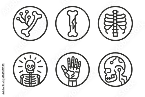 Cyber Anatomy Icons. Line style round vector icons of Cyber Anatomy: neural bone, electric marrow, mechanical rib, glowing