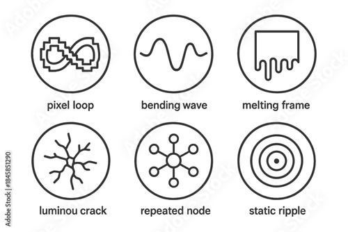 Infinite Distortion Icons. Line style round vector icons of Infinite Distortion: pixel loop, bending wave, melting frame, luminous