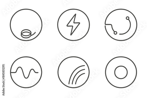 Minimal Charge Icons. Line style round vector icons of Minimal Charge: fine wire, dim flash, hollow circuit, curved current, soft