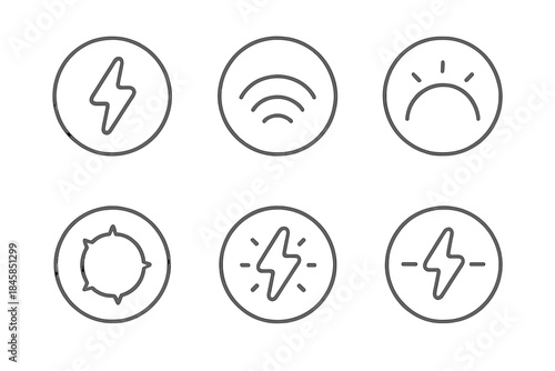 Subtle Power Icons. Line style round vector icons of Subtle Power: faint voltage, curved beam, glowing curve, static ring, soft
