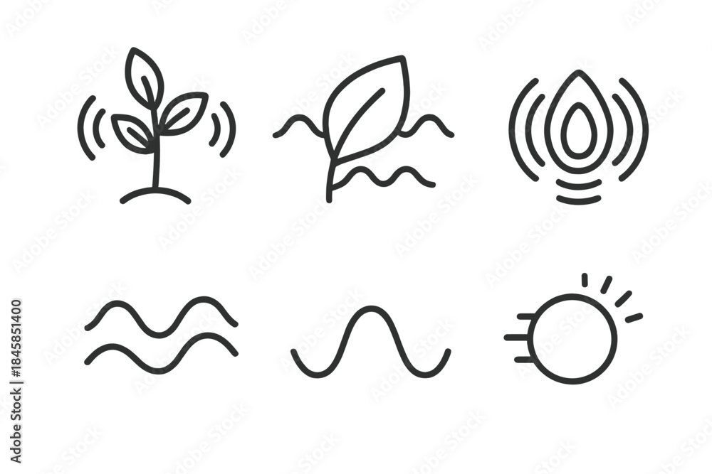 Fototapeta premium Natural Frequency Icons. Line style round vector icons of Natural Frequency: vibrating stem, harmonic leaf, pulsing seed, fluid