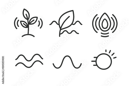 Natural Frequency Icons. Line style round vector icons of Natural Frequency: vibrating stem, harmonic leaf, pulsing seed, fluid